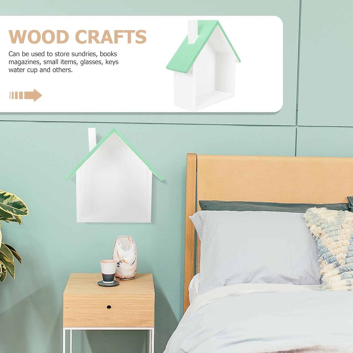 Colorful Small House Wall Shelf Wooden Floating Storage Rack Wall-Mounted Display Shelf for Bedroom and Bathroom Home Décor, Light Green Painted Wall Hanging Organizer