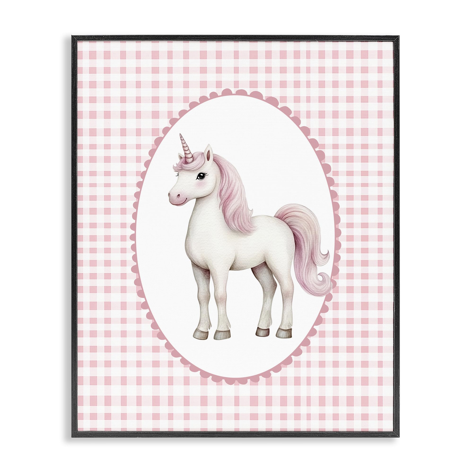 Stupell Industries 'Pink Gingham Unicorn', Framed Giclee Art, Black, 16 x 20 Inches, Easy to Hang and Sturdy, Made in USA, by Christine Simpson Art