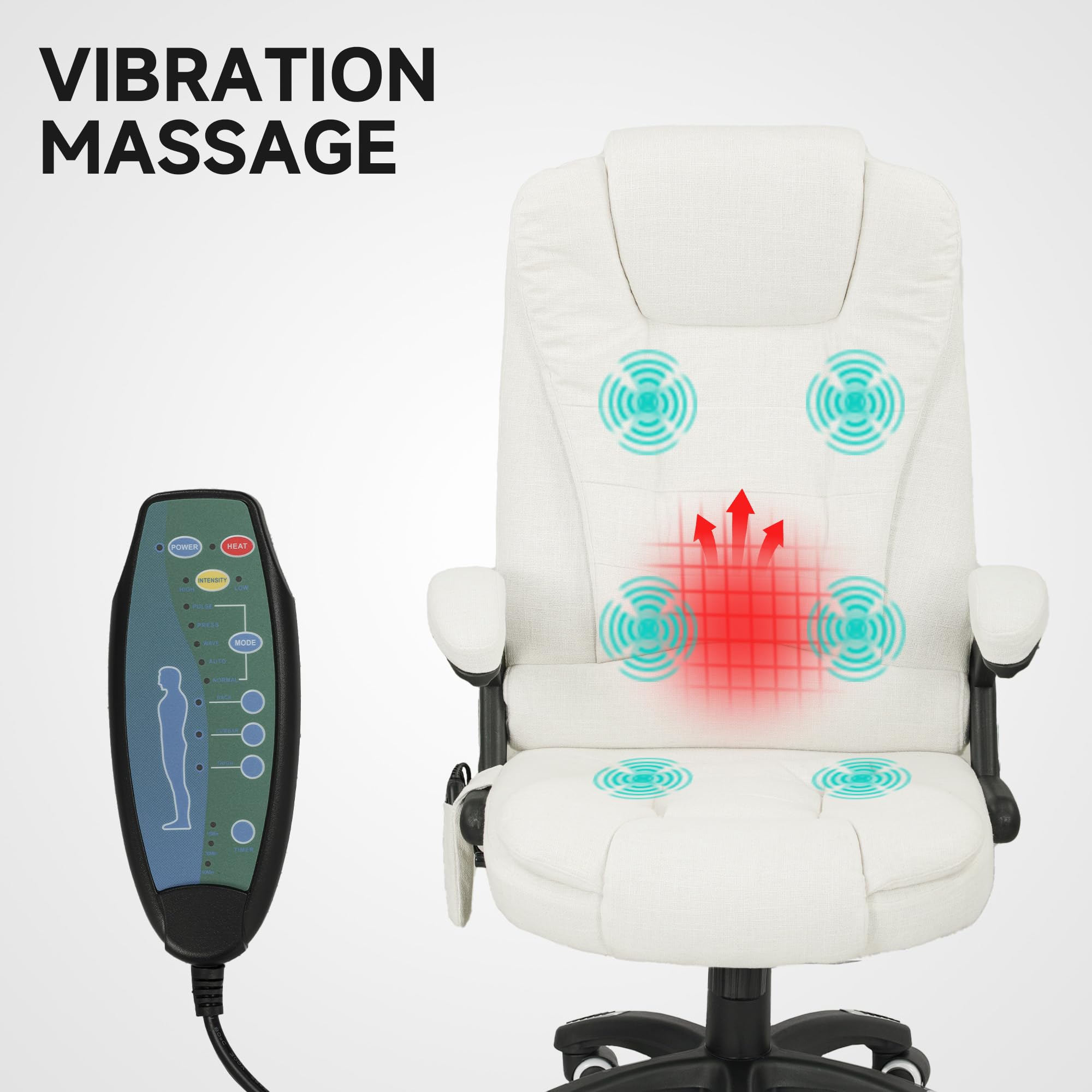Vinsetto Bürostuhl mit Massagefunktion Ergonomischer Chefsessel mit Heizfunktion, Liegefunktion, Wippfunktion Höhenverstellbar 360° Drehbar Computerstuhl mit Seitentasche, Leinenoptik, Cremeweiß