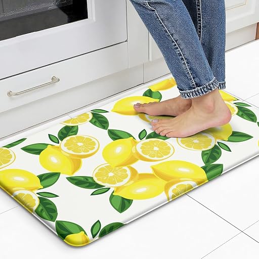 Lemon Kitchen Decor Kitchen Mat, Cushioned Anti Fatigue, Non-Slip | Bright Lemon Pattern,Yellow decor,Cushioned Comfort,Non-Slip Backing,Waterproof Surface,Easy Clean,Kitchen Sink,Laundry