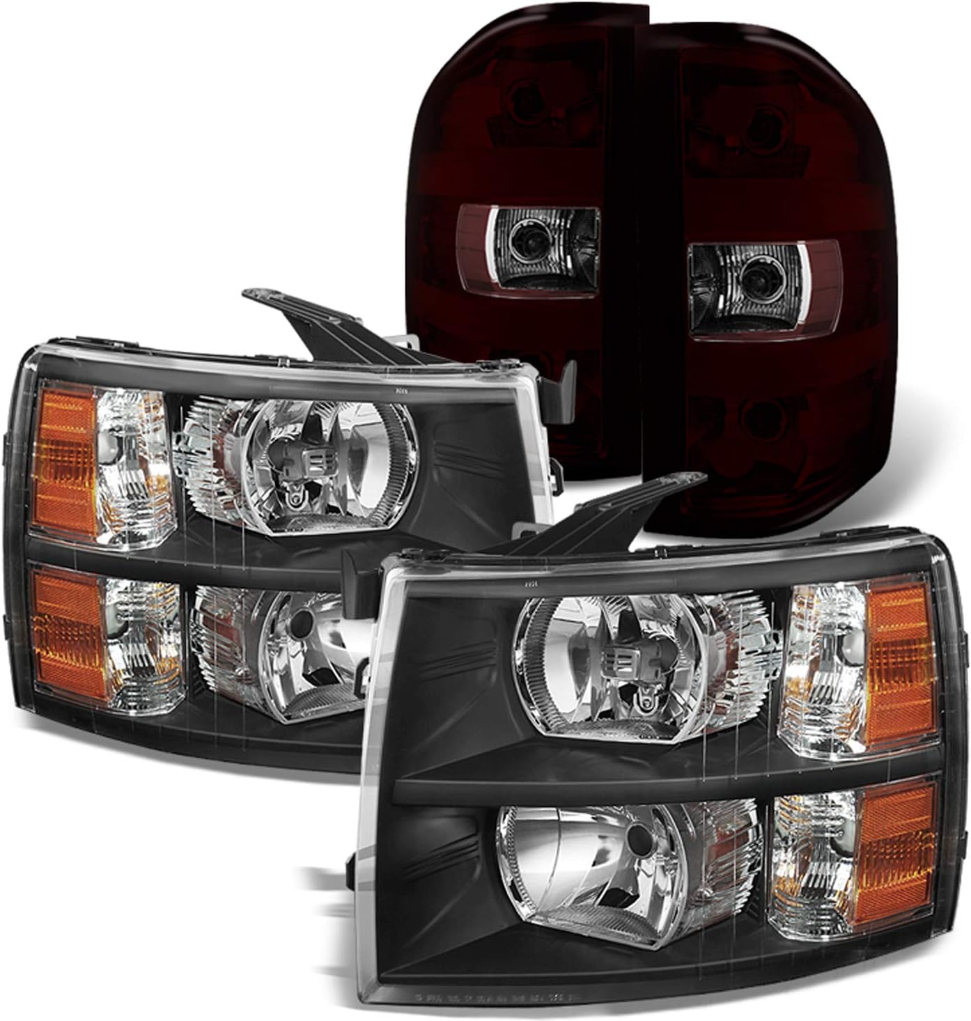 AKKON - Fits 2007-2013 Silverado 1500 07-14 2500HD 3500HD Pickup Black Headlights + Dark Red Tail Brake Lamps Pair Left+Right