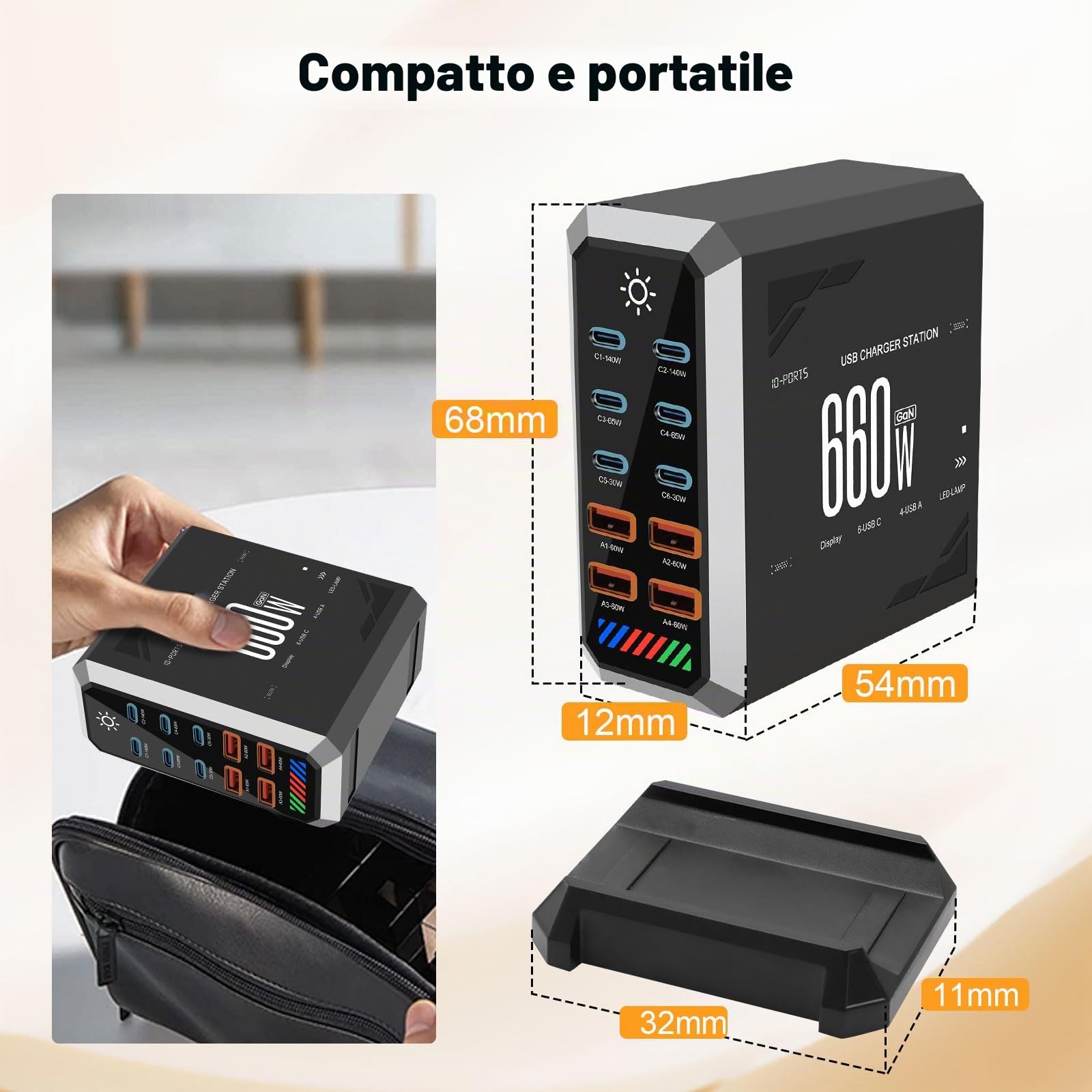 660W Caricatore USB Multiplo - 10 Porte (6 USB-C + 4 USB-A) con Ricarica Rapida, Stazione di Ricarica Compatta per Multi Dispositivi, Compatibile con MacBook, iPad, iPhone, Galaxy S22/S20, DELL, HP