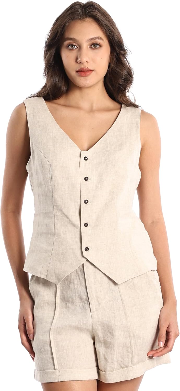 Womens Pure Linen Sleeveless Button Down Geometric Cropped Vest V Neck Waistcoat Vest