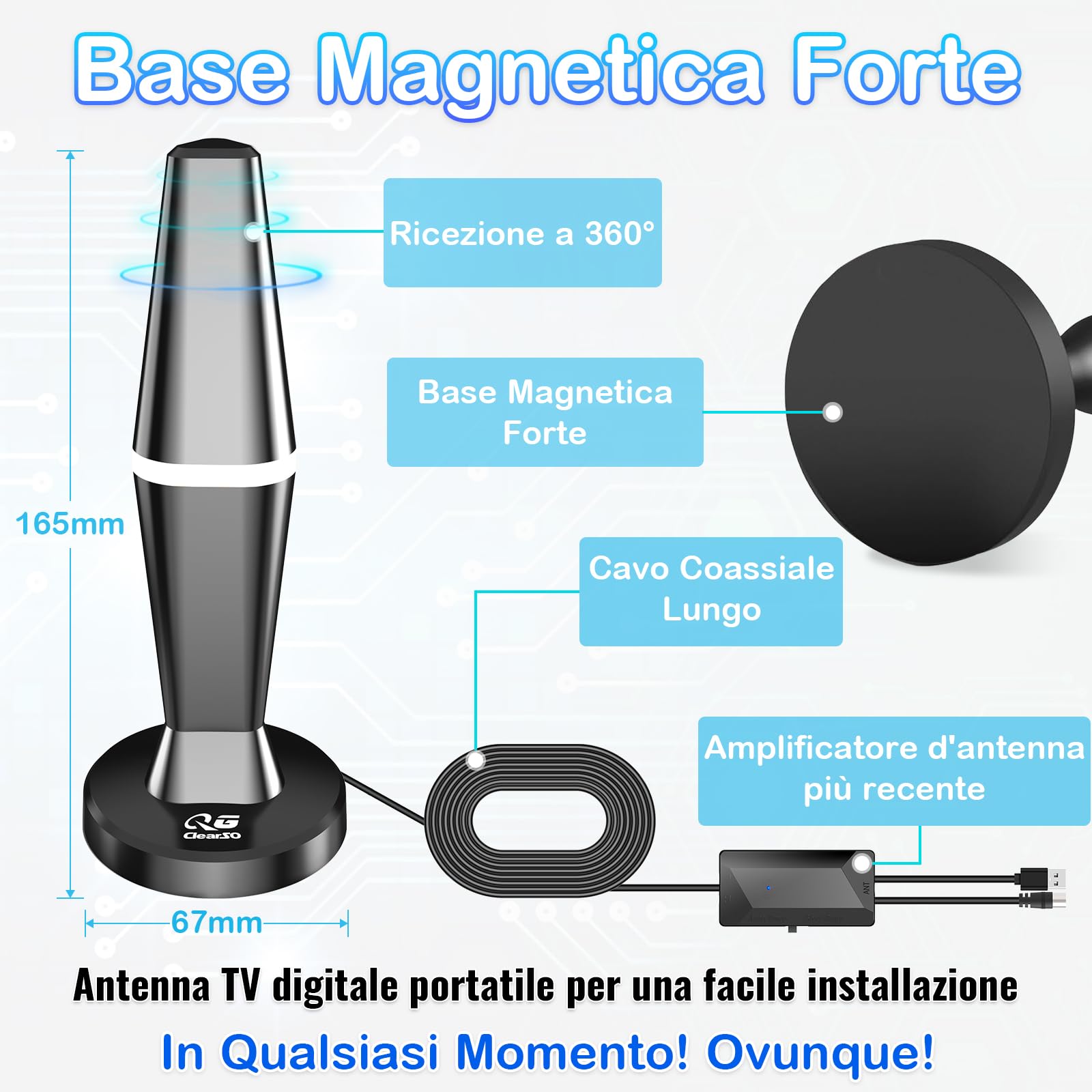 Antenna Tv Interna Amplificata Potente, 2026 Nuova Antenna Tv Interna, Antenna Digitale Terrestre con 500+ km Ricezione, Base Magnetica, Amplificatore di Segnale Compatibile con 4K/1080P e Tutti i TV