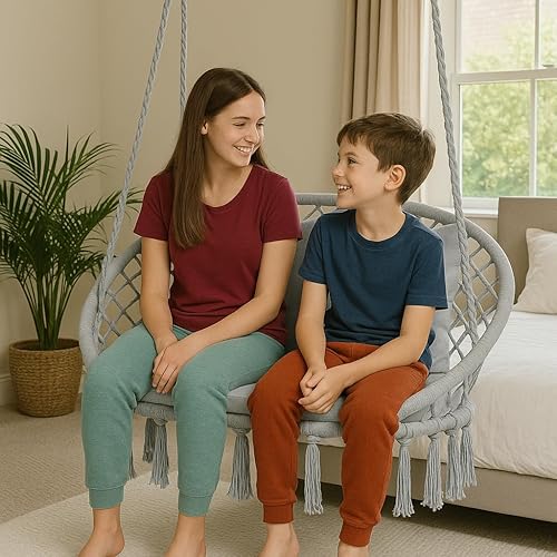 Miniatura 3 de Magshion Hamaca de 2 asientos con 3 cojines, columpio colgante de macramé con borlas, malla de cuerda de algodón estilo bohemio para uso en