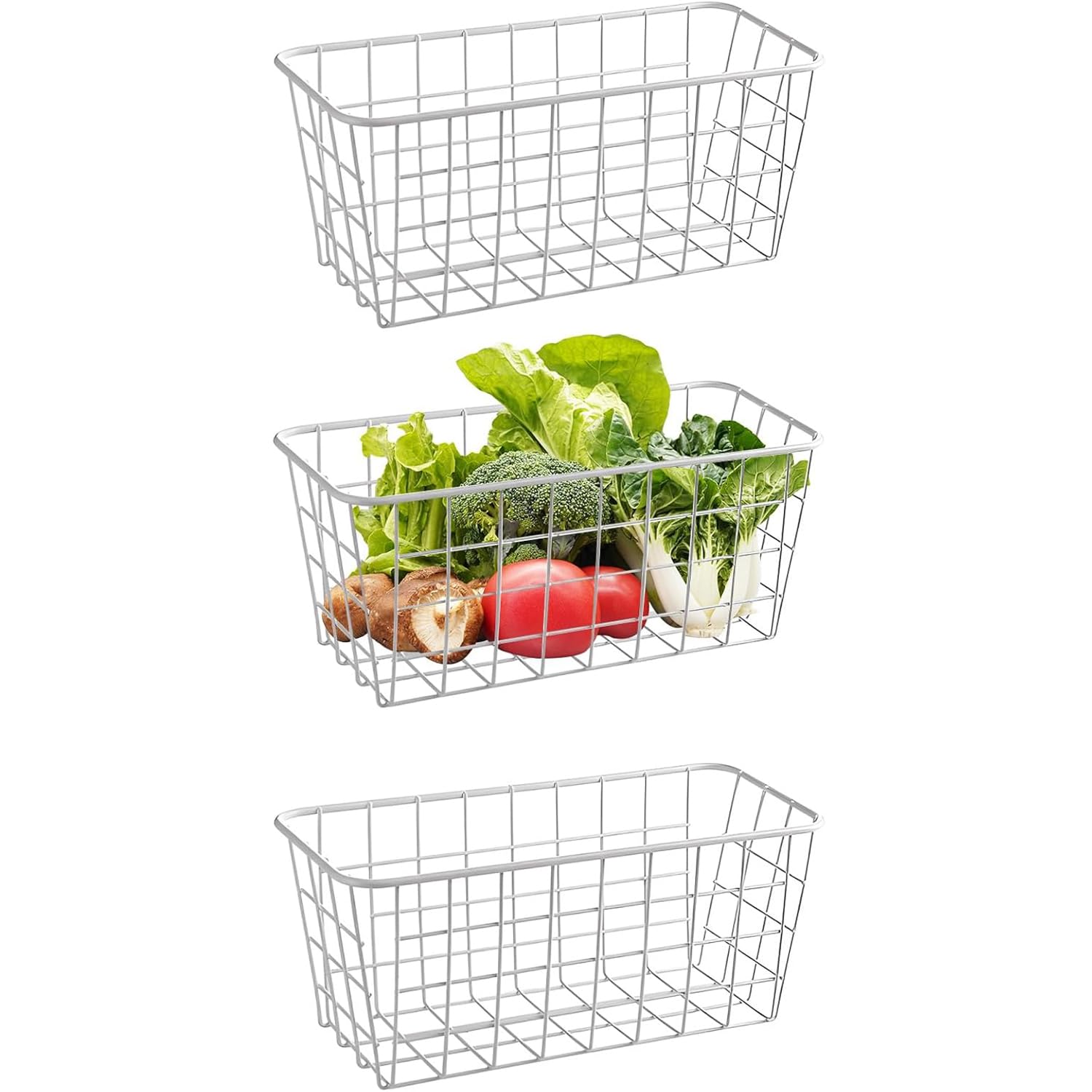 3 Piezas Cesta Pequeña de Alambre Cestas de Almacenamiento de Alambre con Asas Cestas de Despensa Cestas de Congelador para Congelador, Cocina, Despensa, Baño y Organizador, 21x16x9 cm, Blanco