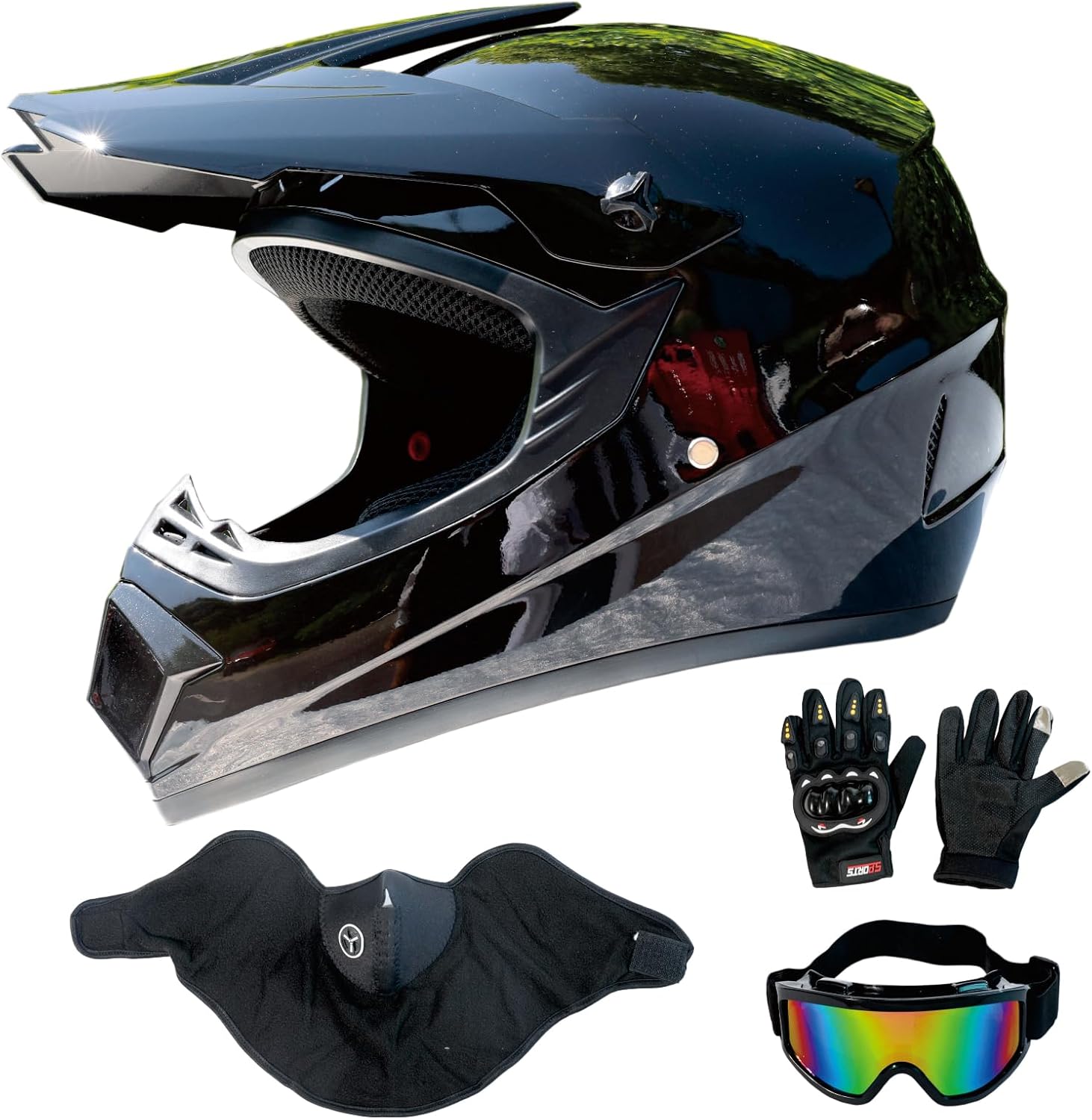 Dirt Bike Helmets Adults Black DOT ATV Motocross Motorcycle Off-Road Street Mountain Bike Fullface with Goggles Gloves Mask Gloss Black XL (60-61 cm)