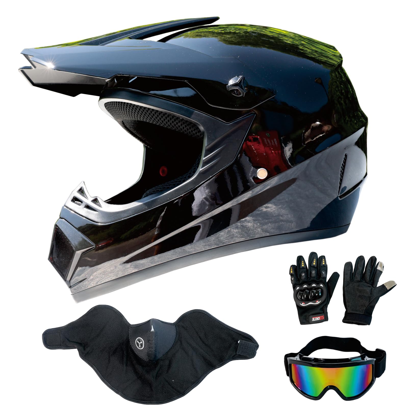 LASFRE Dirt Bike Helmets Adults Black DOT ATV Motocross Motorcycle Off-Road Street Mountain Bike Fullface with Goggles Gloves Mask Gloss Black L (58-