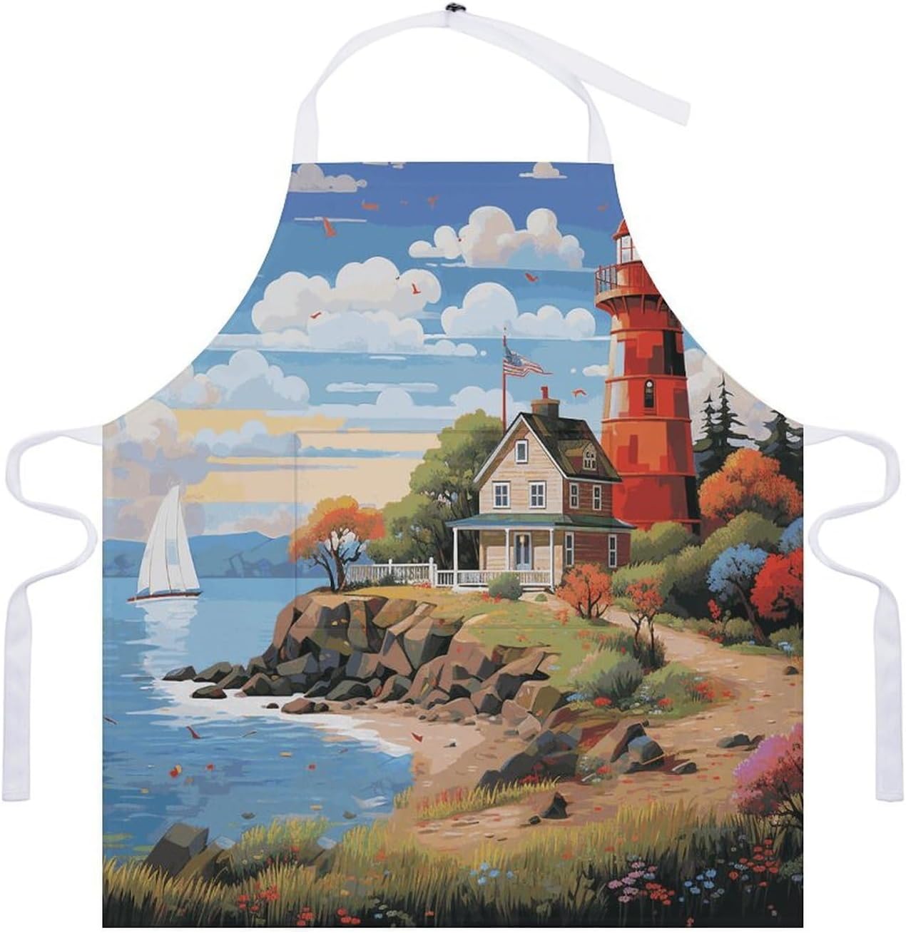 Coastal Lighthouse Apron Adjustable Chef Apron with Pocket for Men Women Waterproof Bib Apron Durable Cooking Apron for BBQ Baking Kitchen Cooking Apron
