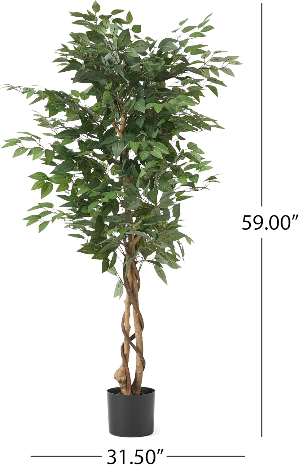 Artificial Ficus Tree, Green, 59 Inches Tall, Realistic Twisted Trunk, Indoor Decorative Faux Plant with Pot