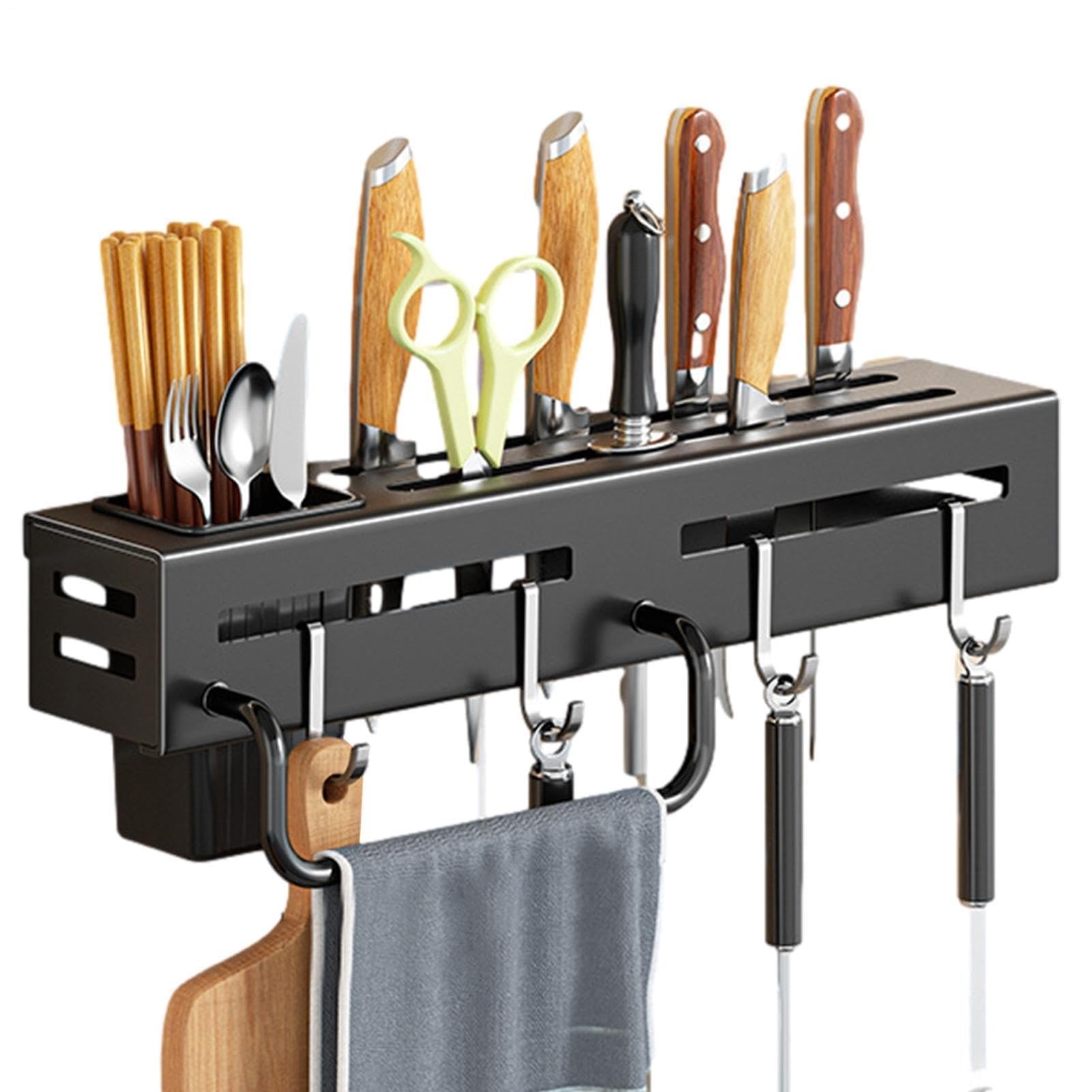 FSLXZPKJ Carbon Steel Wall Mounted Knife Rack with Hooks & Shelf | Easy Installation, Space-Saving Kitchen Organizer Light Luxury Appeal