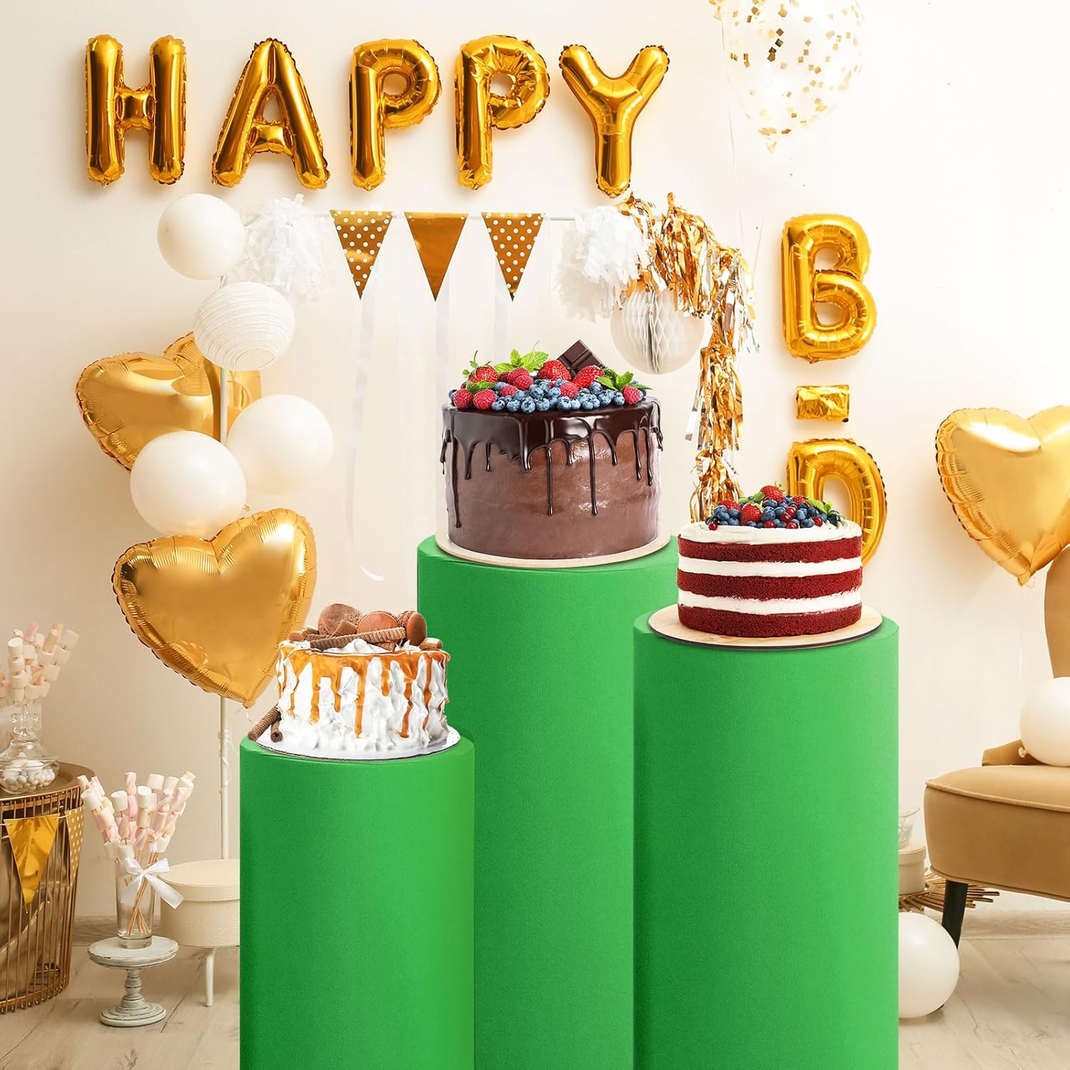 uxcell Set of 5 Green Cylinder Spandex Stand Covers, Plinth Stand Cover for Party Wedding Birthday Decoration, Only Contains Cylinder Covers (Elastic Fabric)