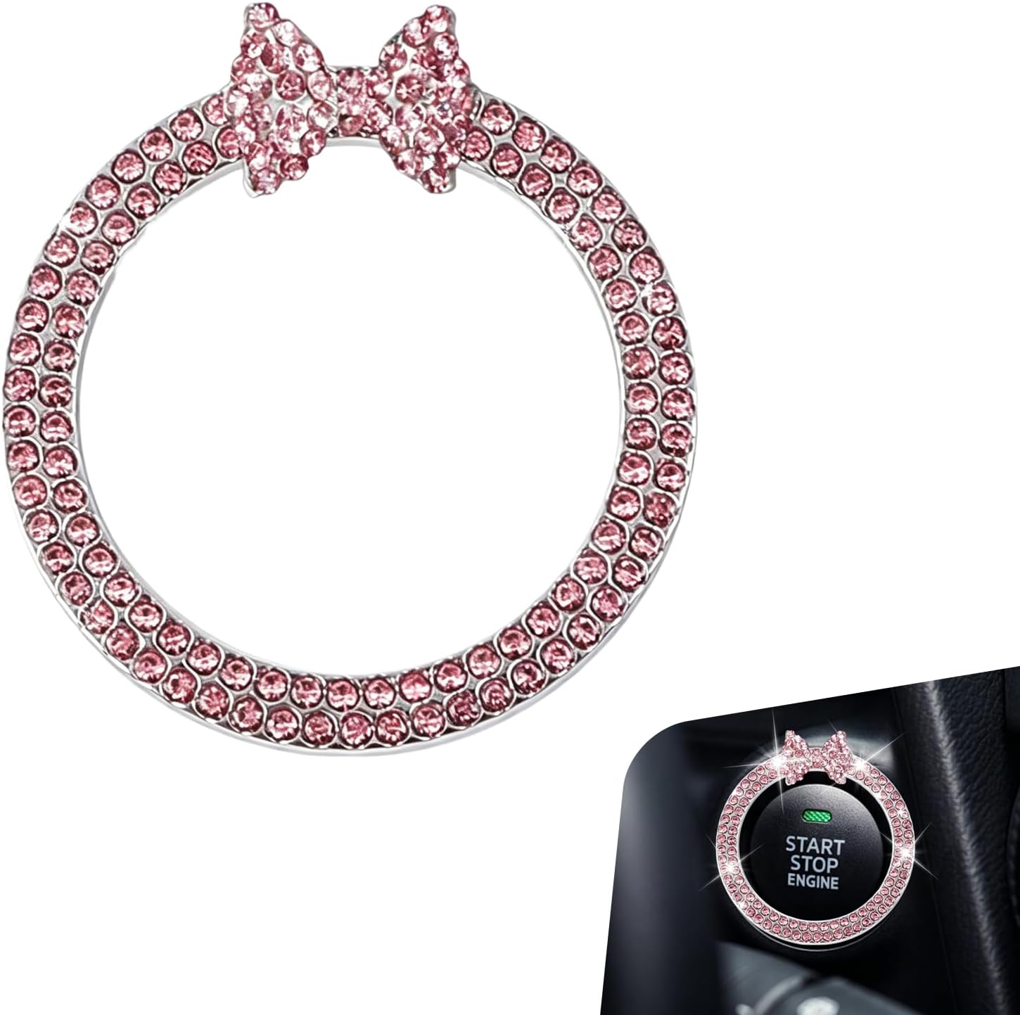 Bow Tie Push Start Button, Alloy Rhinestone Decorative Ignition Ring, Bling Car Start Stop Button Cover, Universal Interior Car Accessory (Pink)
