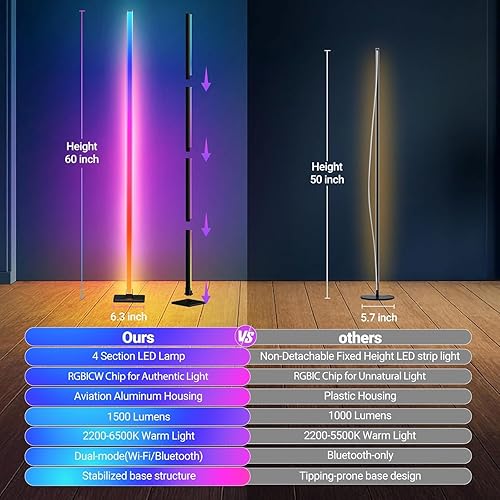 Miniatura 5 de Lámpara de pie, lámpara LED RGBICW compatible con Alexa y Google Assistant, luz de esquina desmontable de 4 segmentos de 60 pulgadas con base