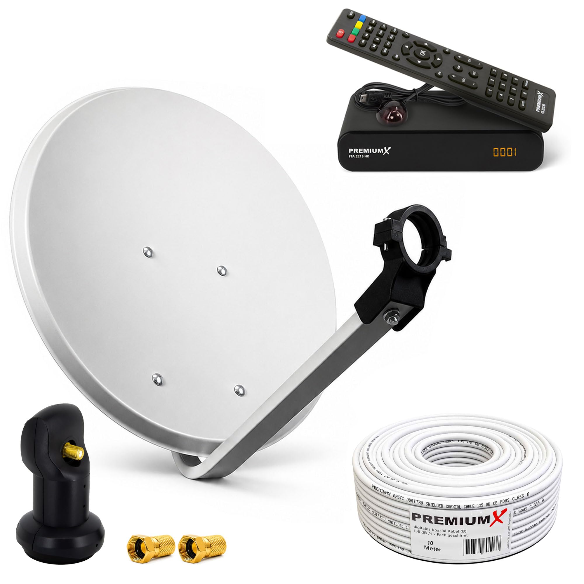 PremiumX Satelliten-Komplettanlage 60cm Satellitenschüssel Single LNB 10m Antennen-Kabel FullHD TV SAT Receiver HDMI-Kabel