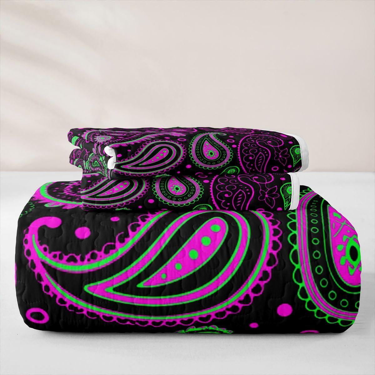 Manfei Purple Green Paisley Quilt Set Queen Size, Boho Paisley Bandanas Beding Quilted Set 3pcs, Chic Bohemian Floral Bedspread Coverlet with 2 Pillow Shams, Kids Boys Girls Room Decor