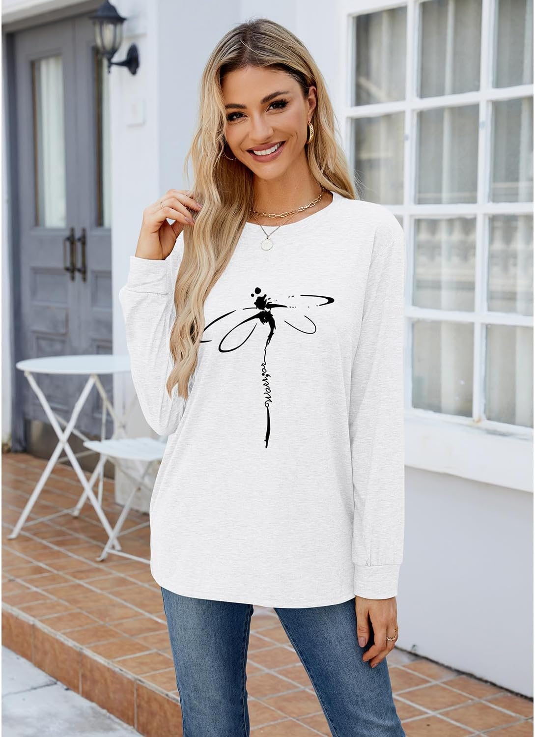 Women's Dragonfly Trendy Graphic Long Sleeve Shirts Basic Tee Fall Winter Loose Cozy Cute Pullover Tops - Image 3