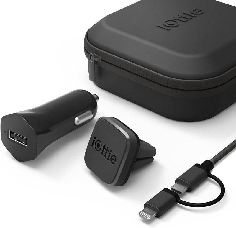 iOttie iTap Mini Travel Kit (soporte magnético para teléfono para auto, Lightning, cable micro USB y cargador de auto) para iPhone X 8 Plus 7 Galaxy S9 8 Note 8 (HLTRIO110)