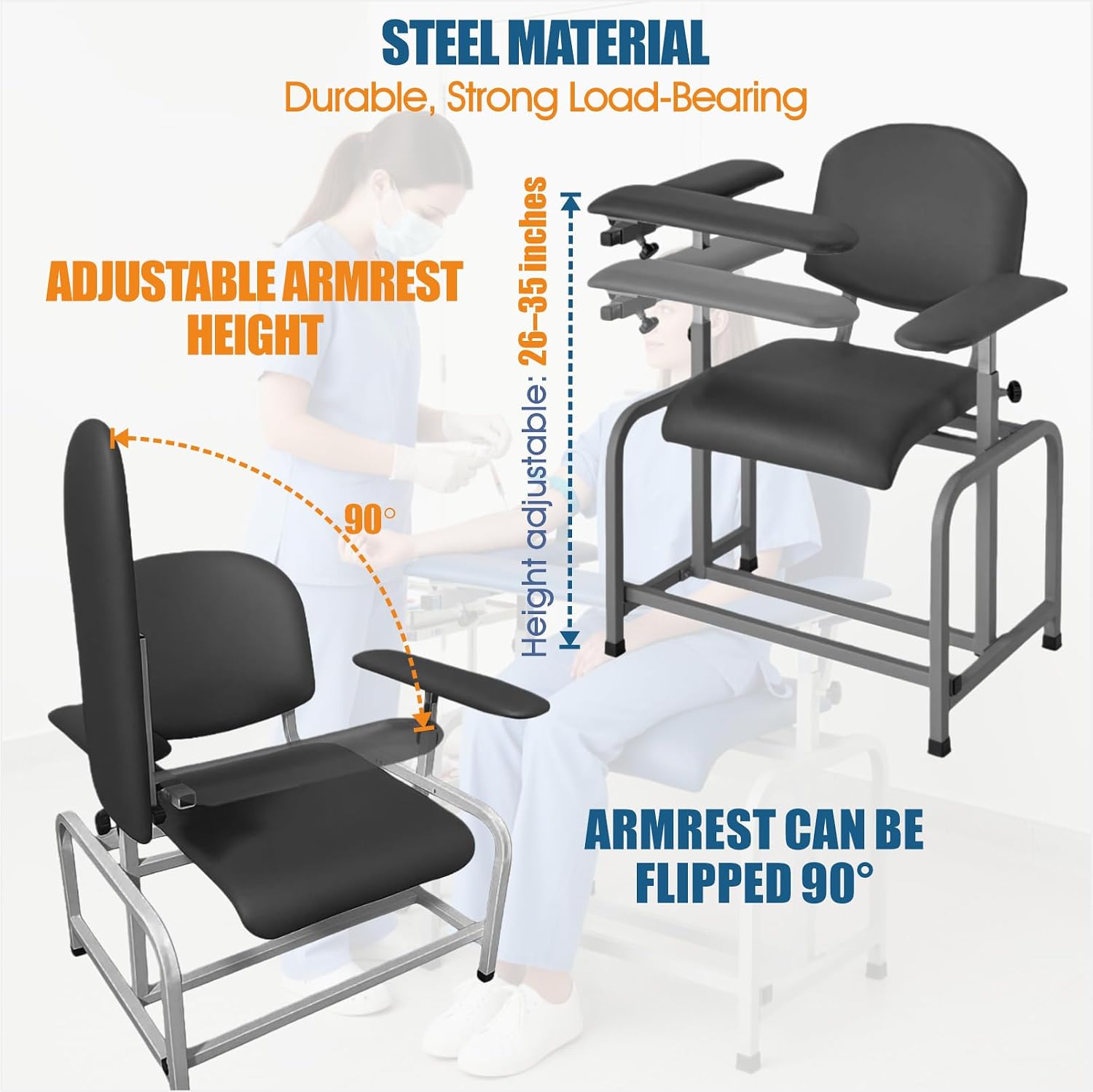 Phlebotomy Chair with Adjustable Armrest and Drawer for Clinics, Nursing Centers & Spas, 265 lbs Weight Capacity, Easy-to-Clean Med Lab Chair with PU Leather Seat (Black-B)