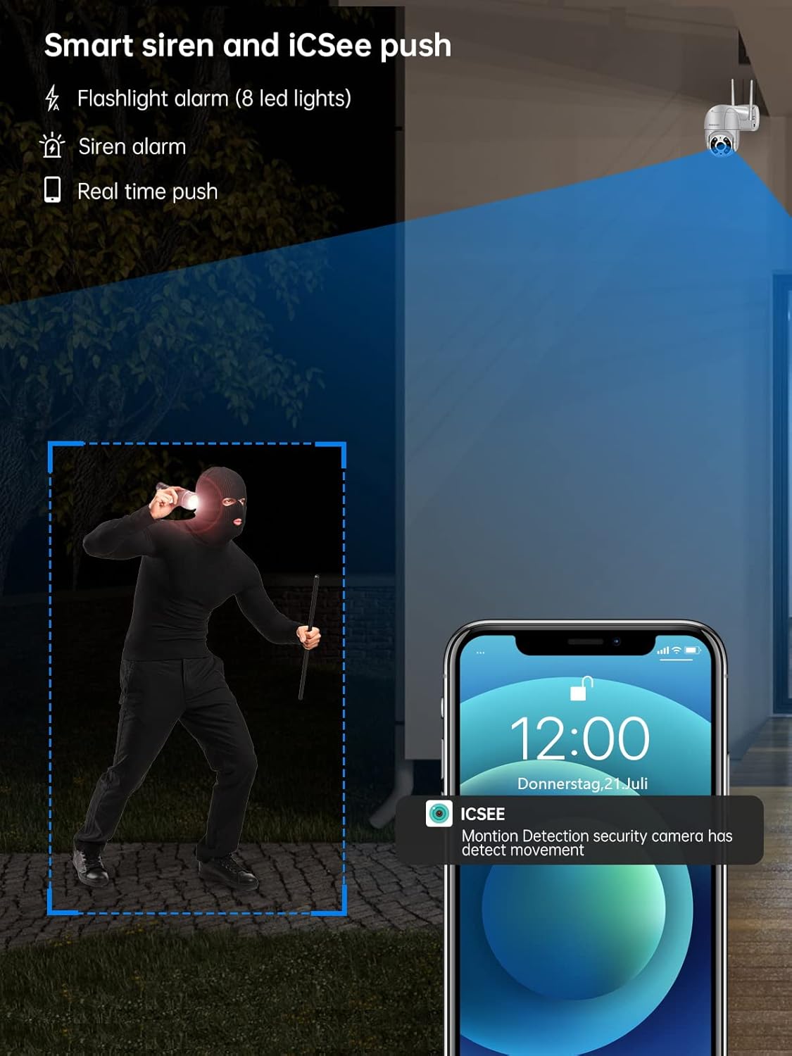 Image depicting a masked figure with a flashlight and crowbar, with the camera's flashlight alarm and siren alarm features activated, and a smartphone displaying an iCSee motion detection notification.
