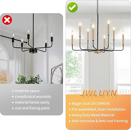 Miniatura 4 de JWLUYN Candelabro negro, 8 luces modernas de granja para comedor, luz industrial rústica para comedor, luz industrial sobre mesa, hermosas luces de