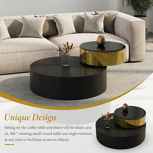 Miniatura 8 de Mesa de centro redonda giratoria de 41 pulgadas con mesa giratoria de 360° y diseño de 2 niveles, decoración de metal negro mate y dorado, mesa Mate