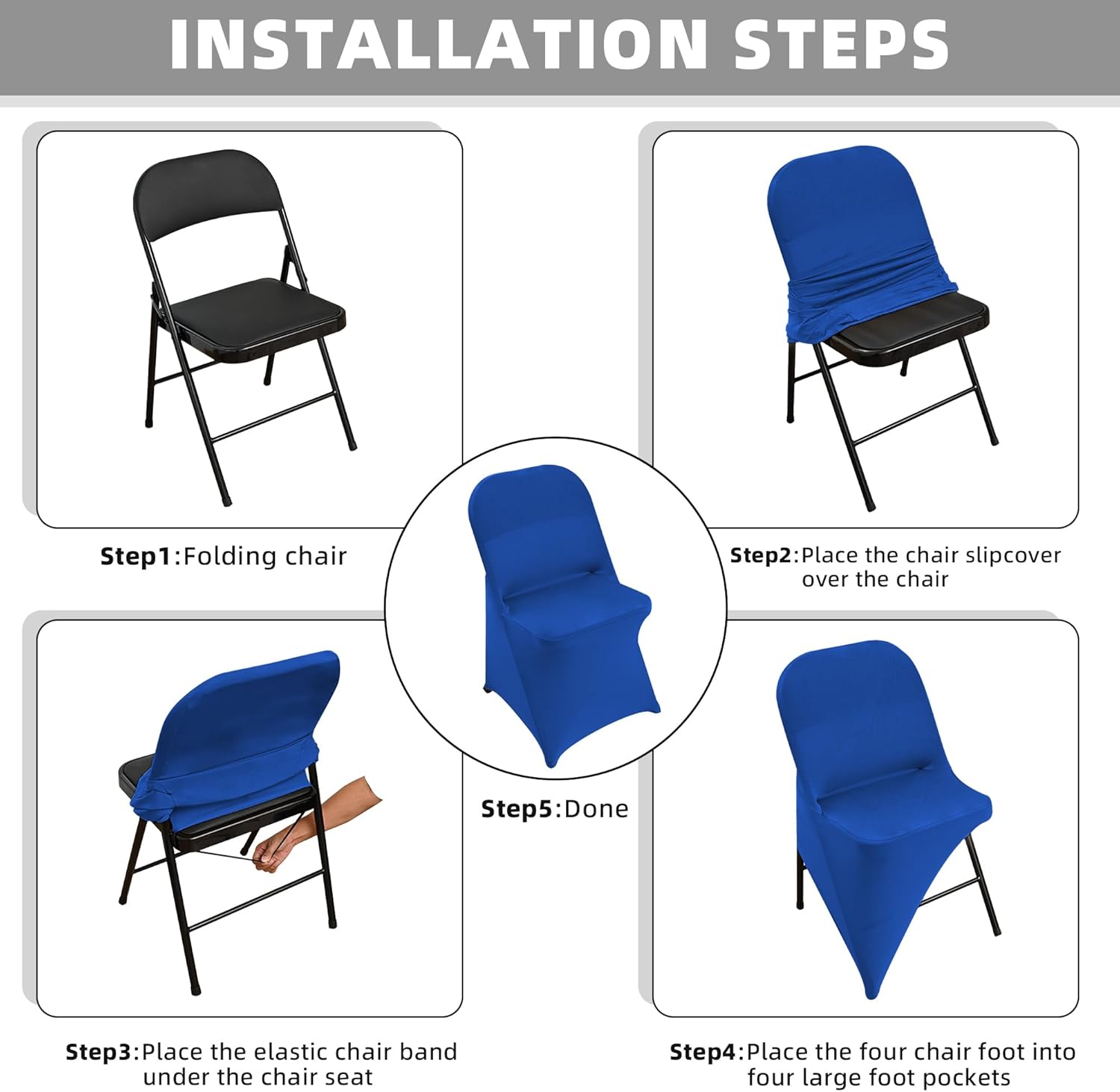 10 Packs Royal Blue Spandex Stretch Folding Chair Covers for Wedding Party,Universal Fitted Washable Dining Seat Slipcovers Protector Decoration for Holiday Banquet Celebration Event