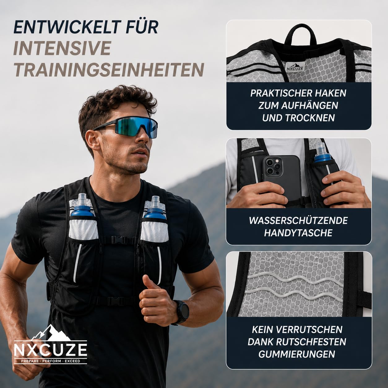 NXCUZE® Premium Laufweste Damen & Herren mit 2X 500ml Trinkflasche – Laufweste mit Trinkflasche / Trinkrucksack & Laufrucksack zum Laufen, Joggen & Trailrunning – Ultraleicht & verstellbar