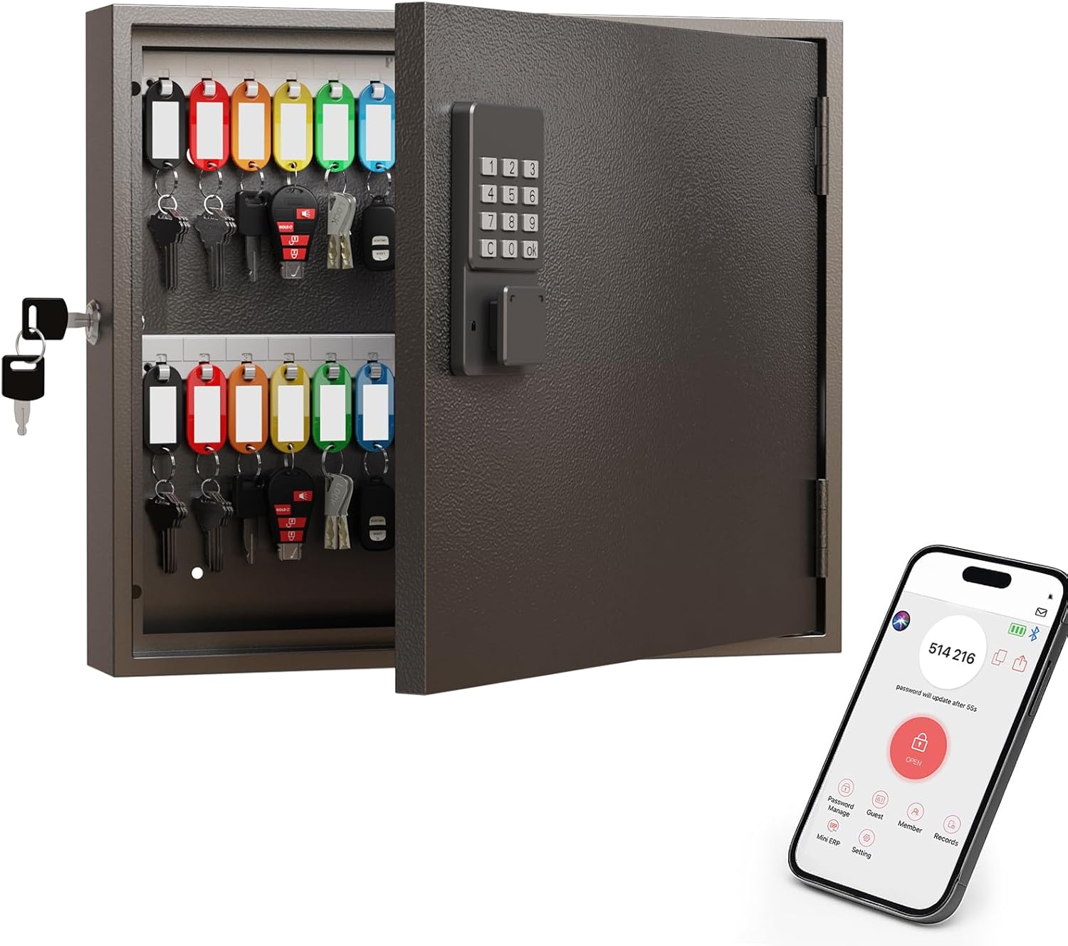 WeHere Smart Key Lock Box, 60-Key Cabinet with Bluetooth App Access, One-Time Password Unlock, Remote Unlock via Gateway, Steel Key Storage Box for Office, School, Garage and Property Management