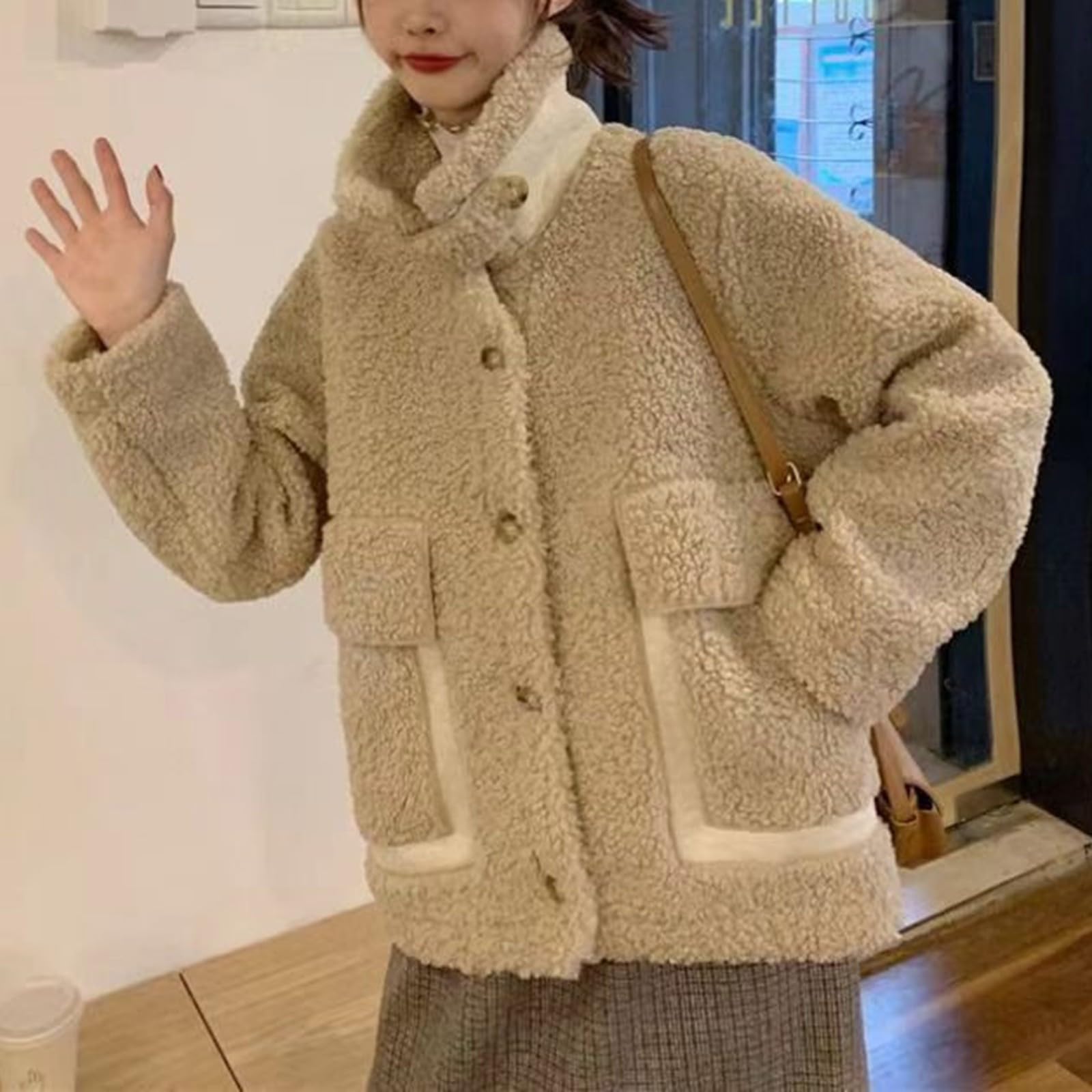 Teddyjacke Damen Winter Kuscheljacke Flauschig Teddy - Mantel Casual | Damen Fleecejacke Ohne Kapuze Winterjacke Frauen Winddicht Plüschmantel Mit Taschen Fleecemantel Mit Knöpfen