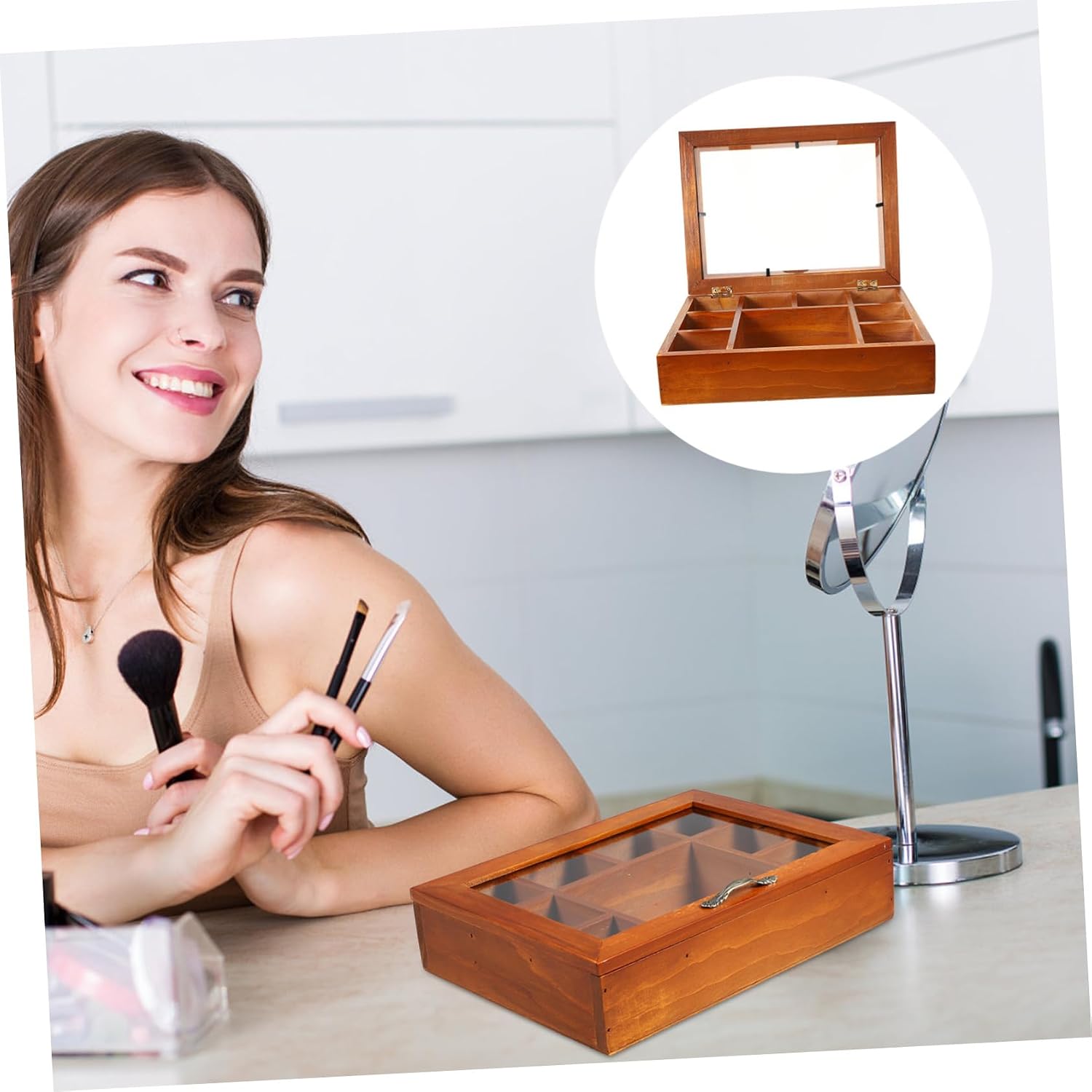 PRETYZOOM Vintage Wood Jewelry Box and Acrylic Cover with 9 Compartments image 3
