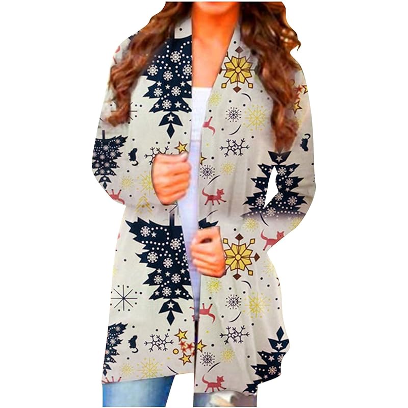 Women s Cartoon Christmas Print Cardigan Tops Elegant Coat Long Loose 