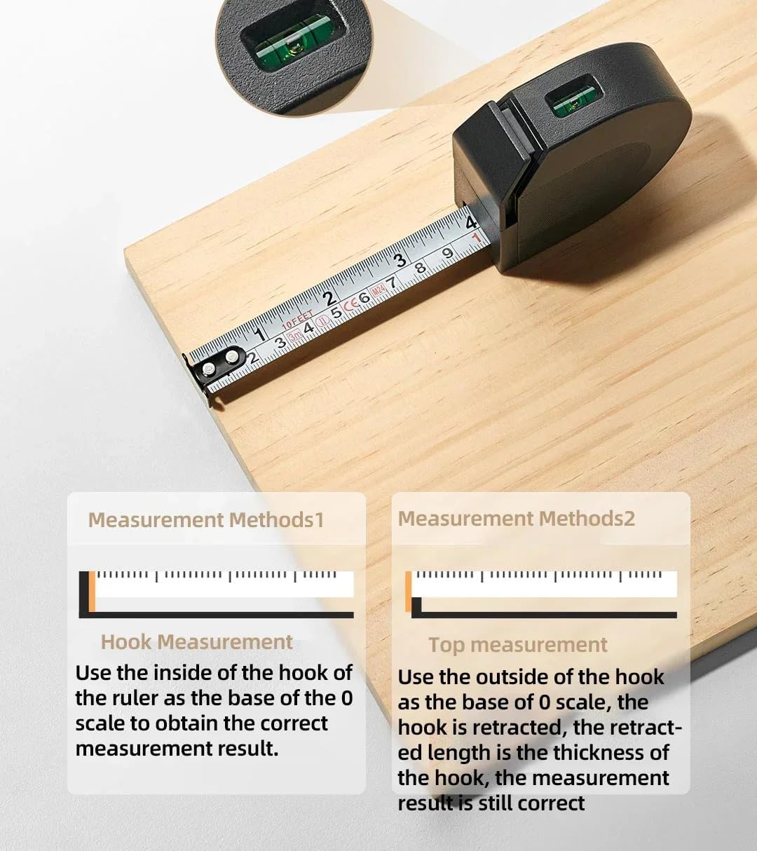 The self-locking tape measure showing its integrated level bubble and two methods for accurate measurement: hook measurement and top measurement.