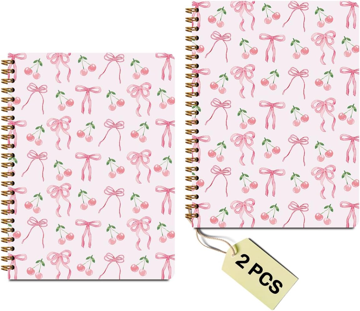 2Packs Coquette Pink Bows Cherry Spiral Notebook College Ruled Preppy Trendy Bow Ribbon Journaling Notebooks Gifts for Women Girls Note Books Journals for Writing Spiral Bound Notebook Office Supplies