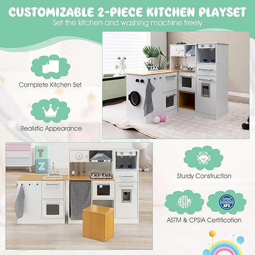 Miniatura 4 de GLACER Juego de cocina de madera para niños, cocina de juego de simulación de 2 piezas con luces y sonidos realistas, lavadora, dispensador de agua,