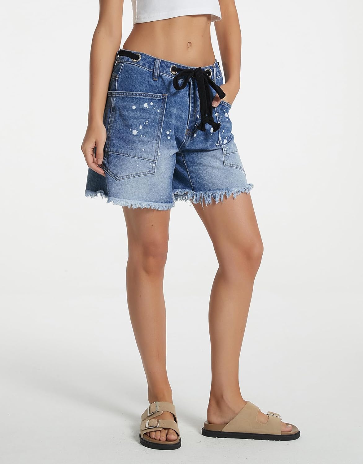 Kedera Jean Shorts for Women Low Rise Frayed Summer Drawstring Denim Shorts 2025 Light Wash Pull On Jeans - Image 6