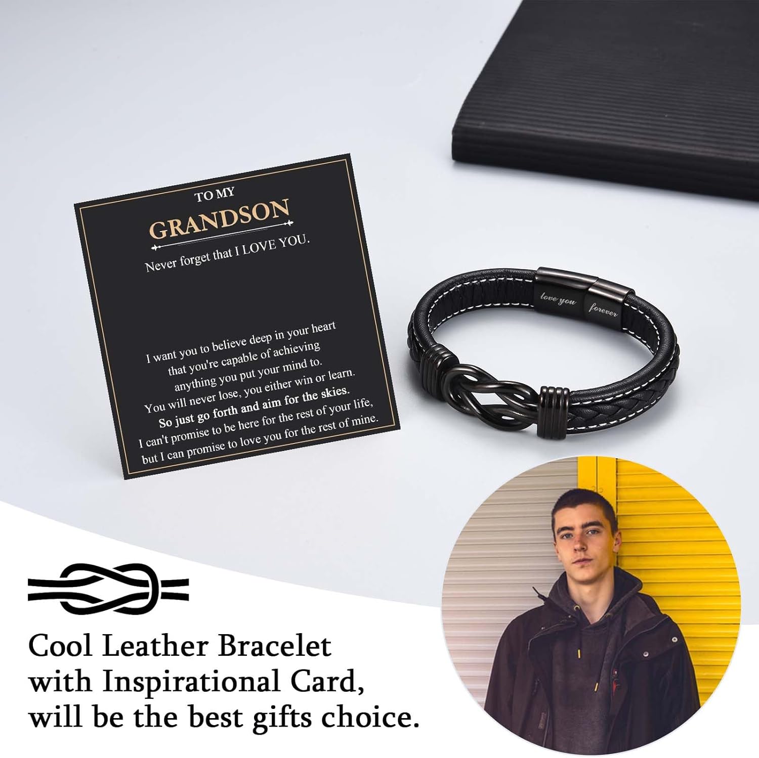 Love You Forever Leather Bracelet Gifts for Men Him Teen Boys, To My Brother Son Grandson Nephew Friend Dad Husband Christmas Birthday Valentines Fathers Day Graduation Back to School Gifts - Image 3