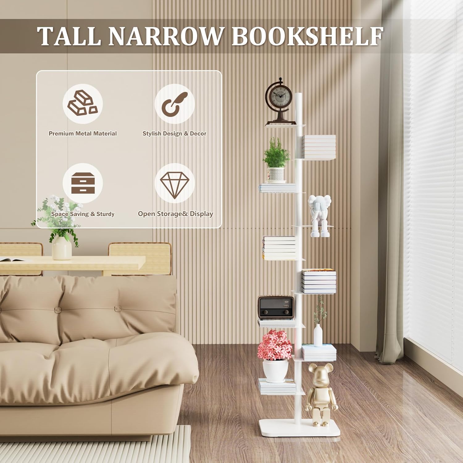 Nynelly 9-Tier Metal Spine Bookshelf - Heavy Duty Vertical Book Tower, White Open Bookcase, Floor Standing Tall Narrow Book Shelf for Small Space Living Room Office Decor, Industrial Book Organizer