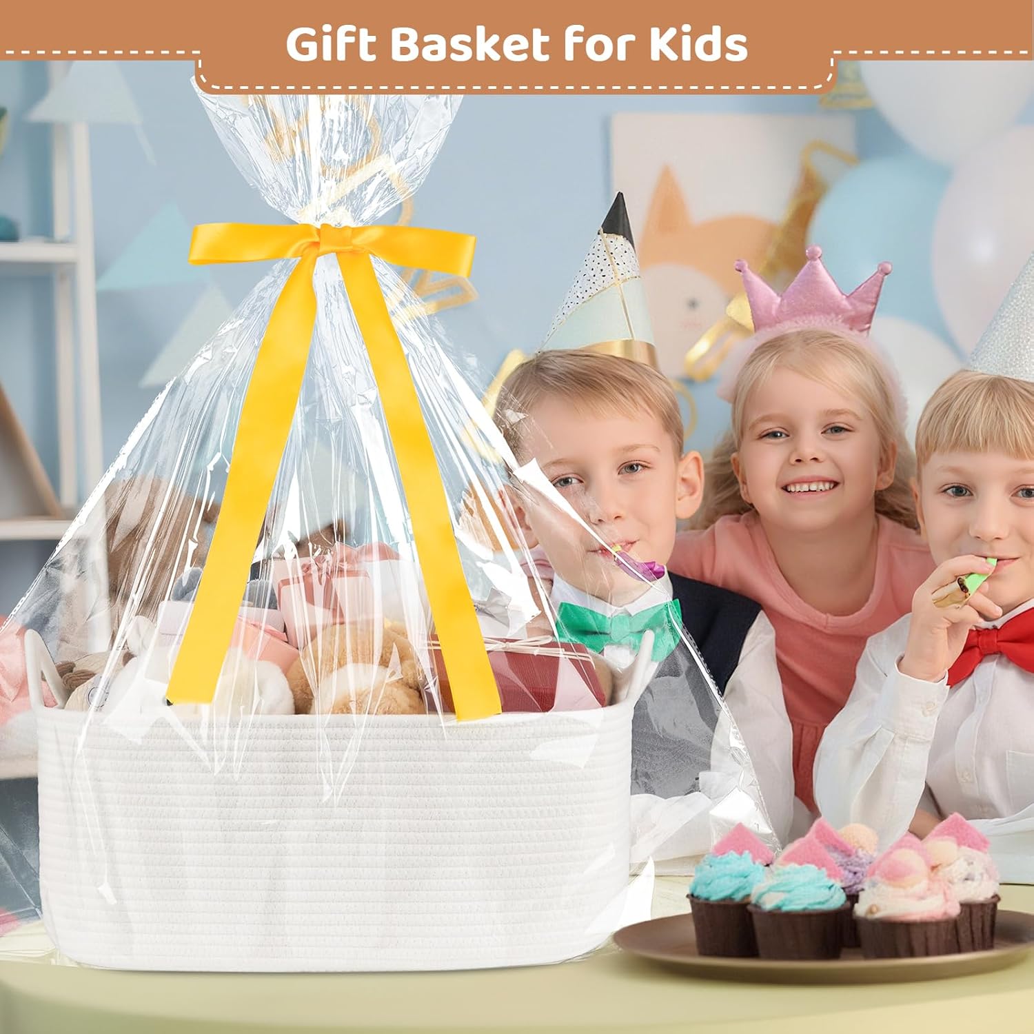 Large Empty Gift Baskets for Baby Shower, 18.9" L x 13.8" W x 7.8" H Cute Woven Storage Basket with Gift Bags and Ribbons, Small Rope Toy Basket with Handles, Cat Dog Pet Toy Organizer - White