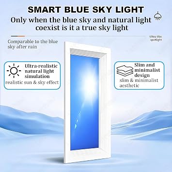 Smart Blue Sky Light, False Window Light Panel with Remote Control, Artificial Skylight with Adjustable Brightness, for Living Room, Bathroom, Office Integrated-30cm*60cm