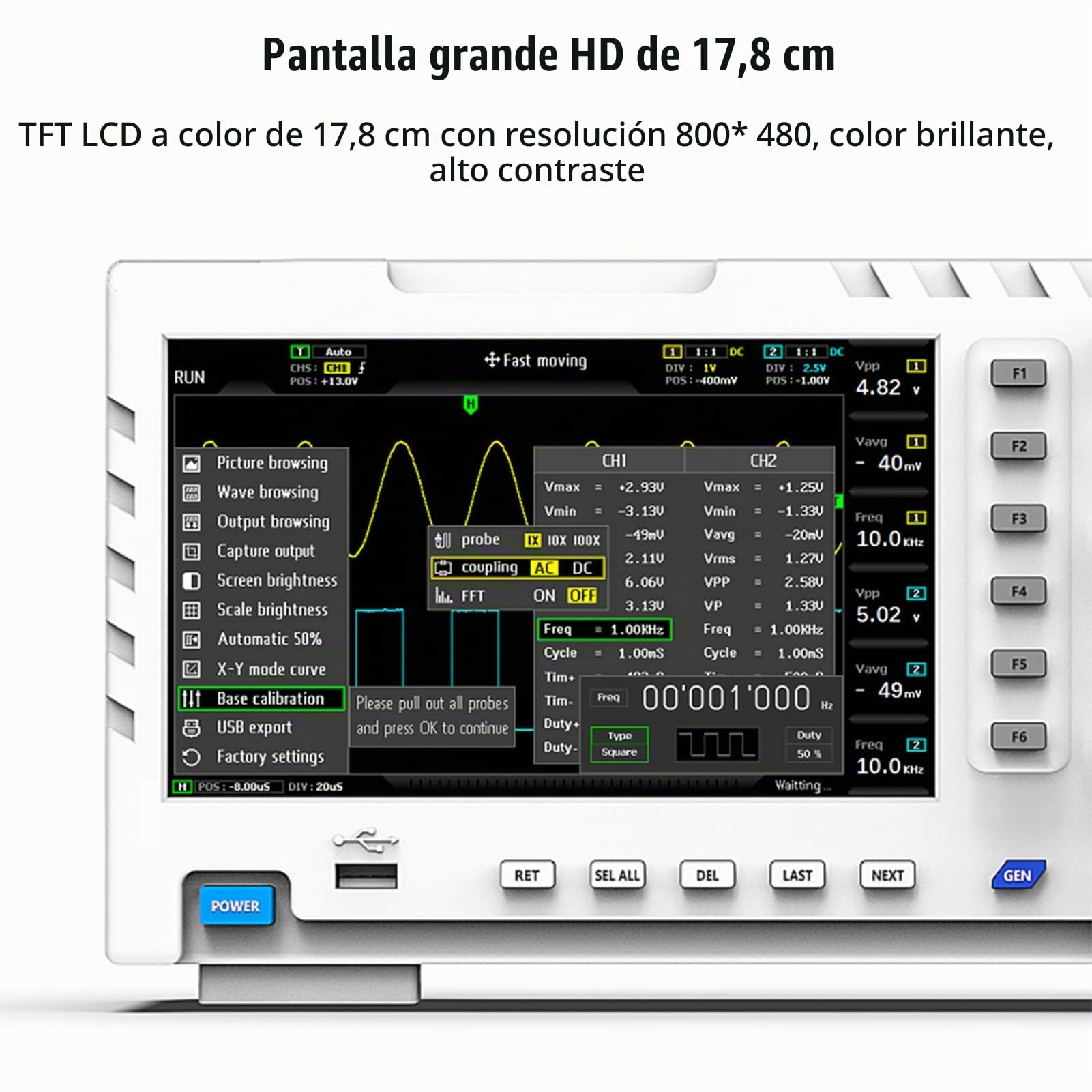 BuyWeek Osciloscopio Digital, 2 en 1 Generador de Señal de Entrada de Doble Canal 100MHz 1GSa/s Osciloscopio de Escritorio Con Interfaz USB