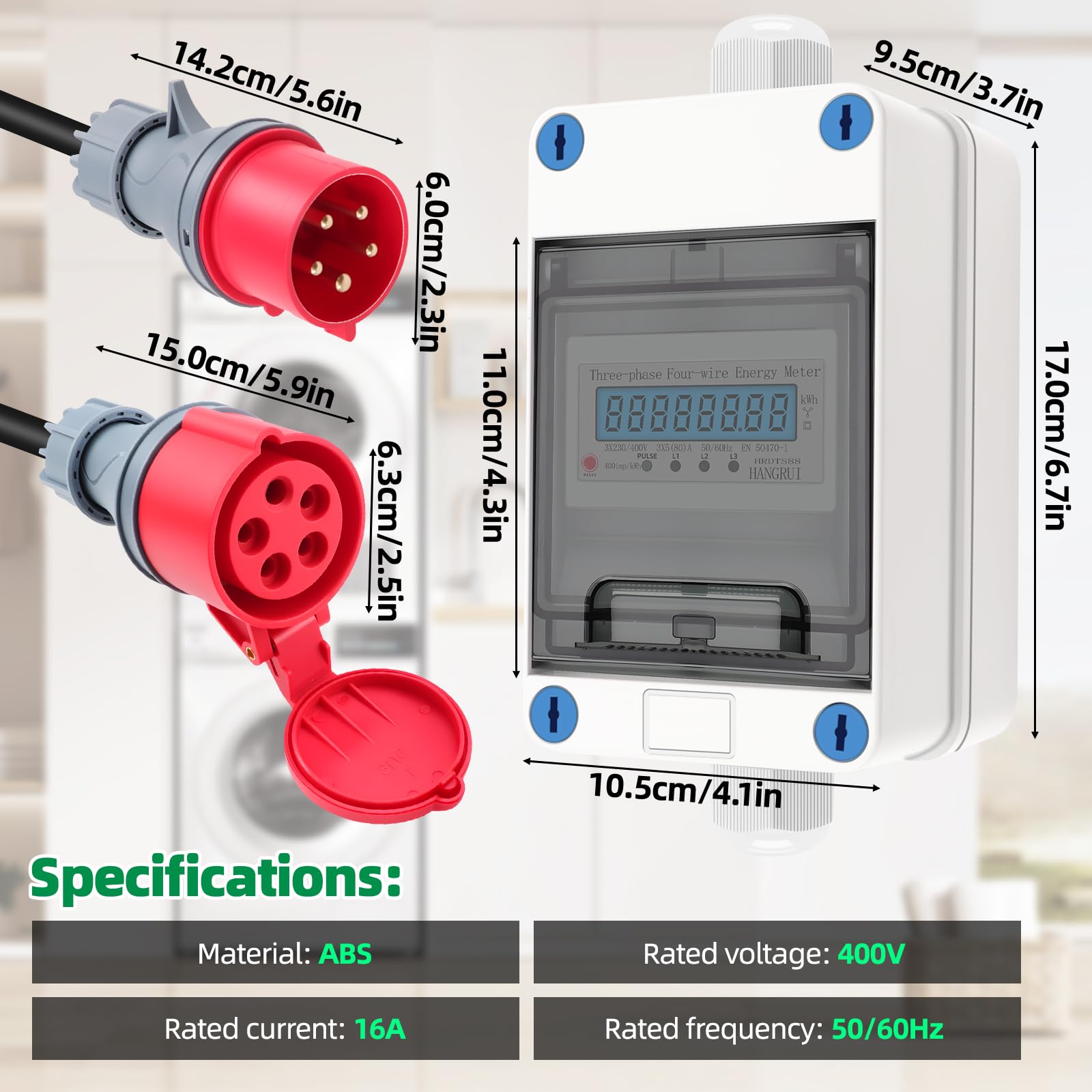 Mobiler Digitaler Stromzähler 3 Phasen 16A 400V CEE Stecker Kupplung IP68 2m Kabel