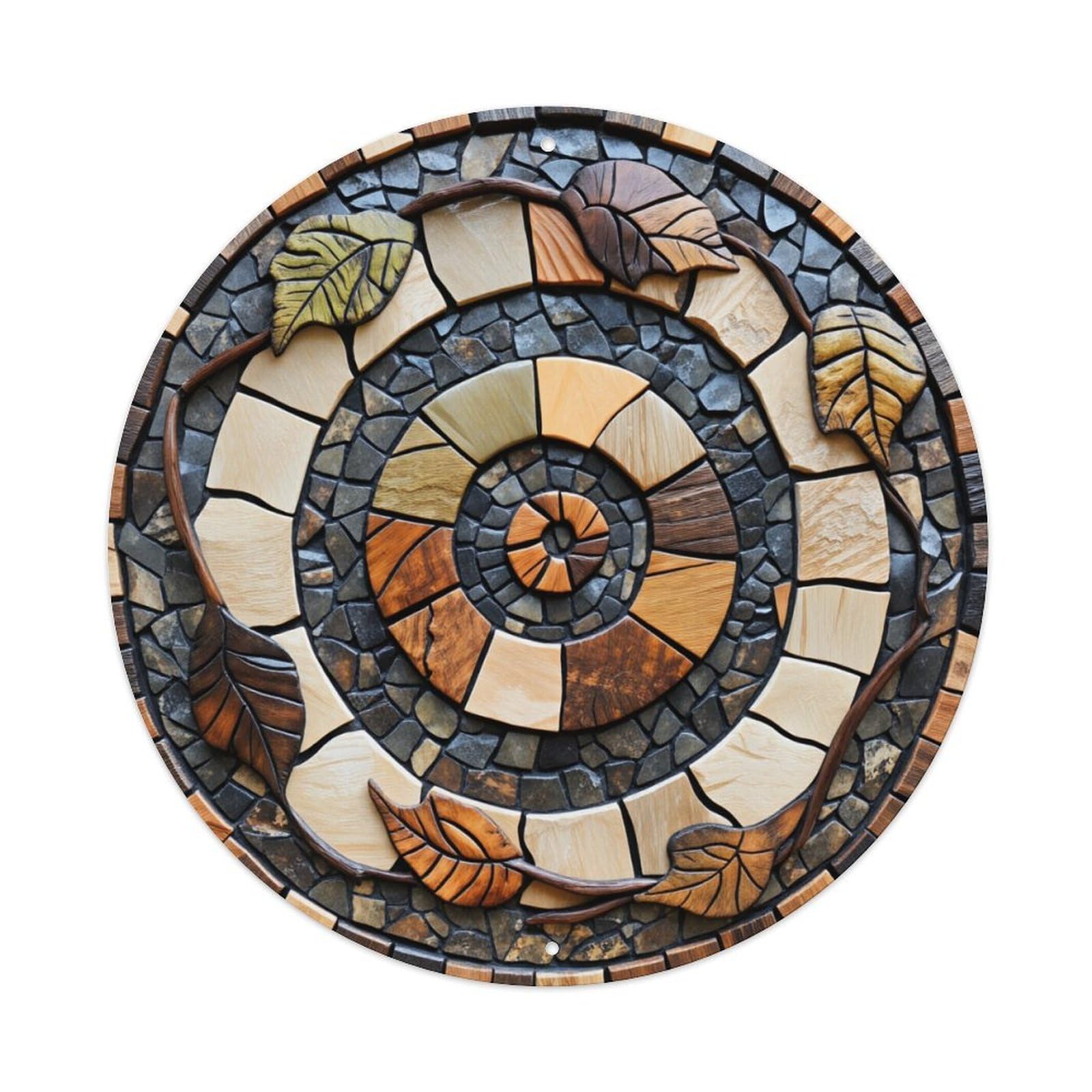 Circular Mosaic Leaf Pattern Design Round Tin Sign Vintage Metal Poster, Home Bar Garage Man Cave Cafe Indoor & Outdoor Wall Decoration 8x8Inches
