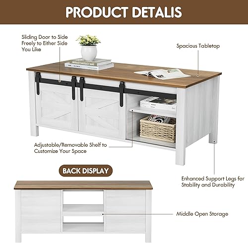 Miniatura 9 de YESHOMY Mesa auxiliar con puertas correderas de granero y almacenamiento, armario rectangular central de madera con estantes ajustables, para sala