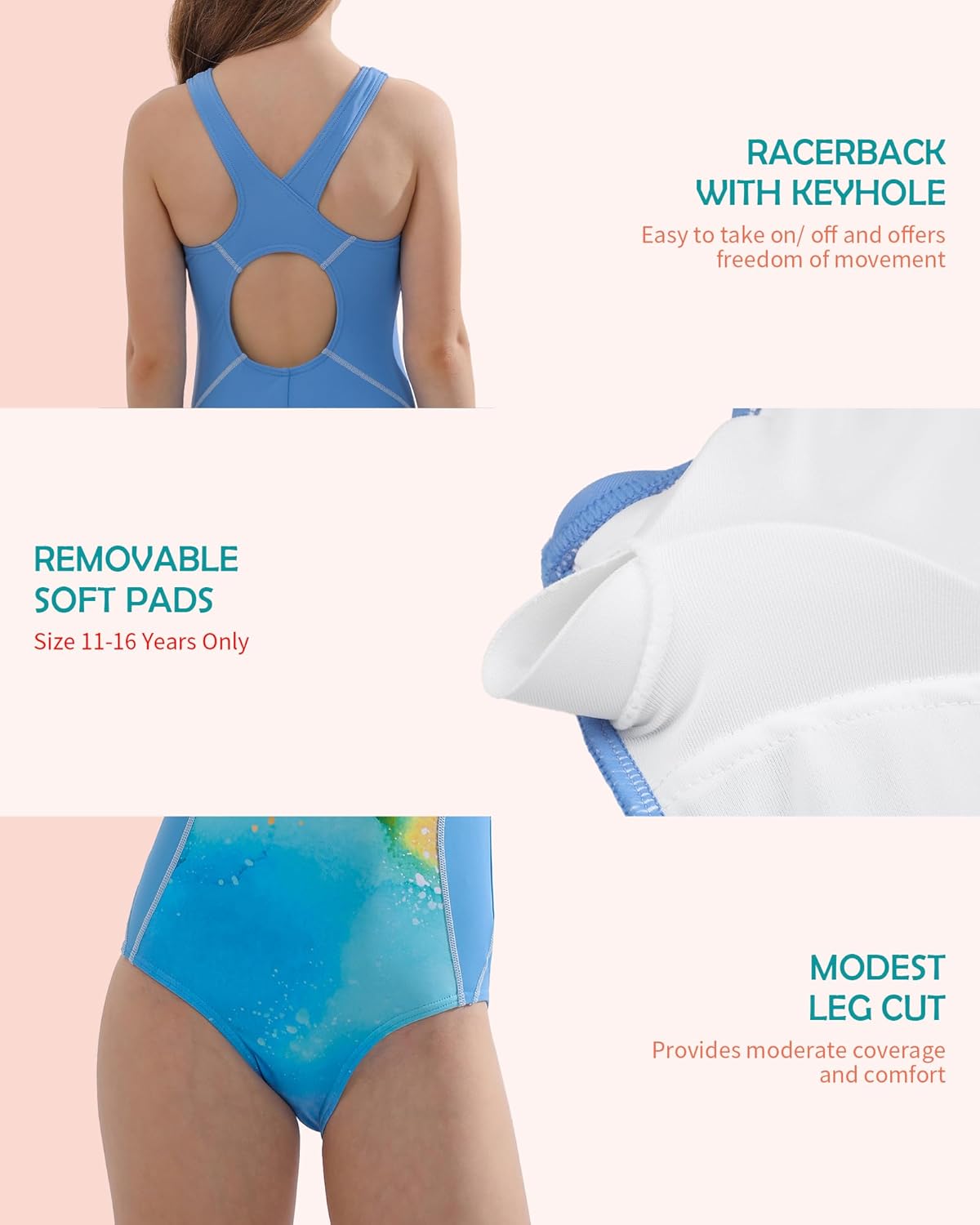 beautyin Girls One Piece Swimsuits Size 7-16 Athletic Racerback Bathing Suit - Image 4