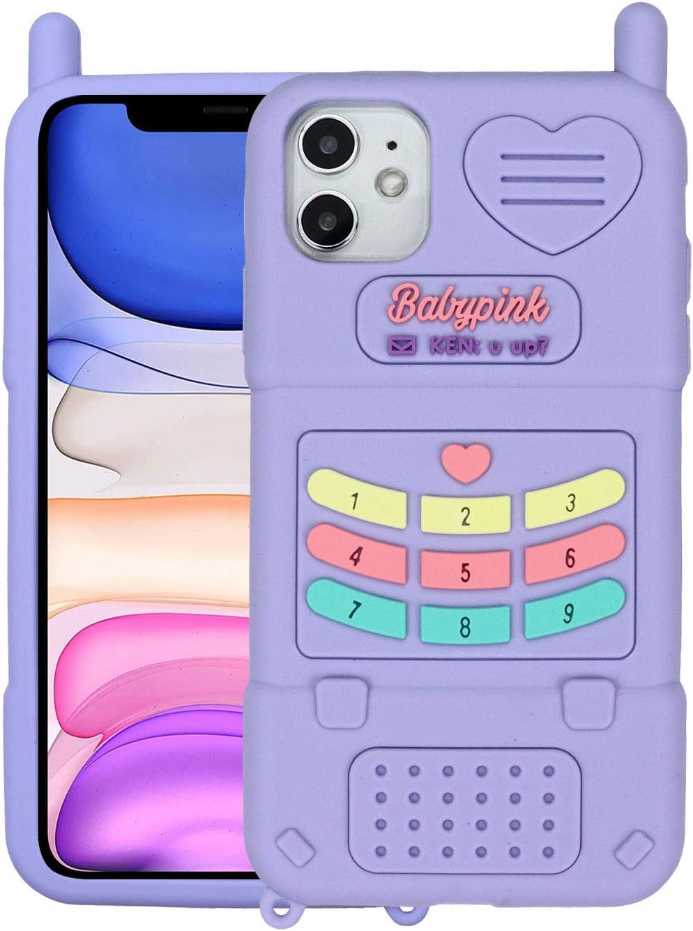 Tonvizern for iPhone 11 6.1'' Case, iPhone 11 3D Cartoon Cute Retro Love Heart Classic Cellular Phone Shaped Case, Kids Women Girls Soft Silicone Rubber Cover Case for iPhone 11 (Purple Style 1)