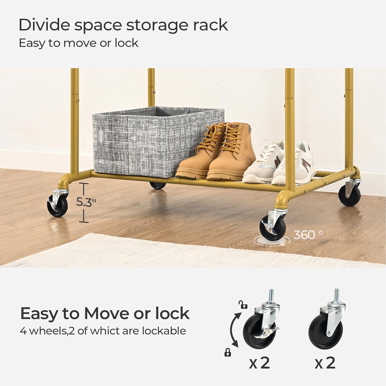 FOUCSSOMEI Heavy Duty Clothes Rack, Rolling Clothing Rack, Garment Rack with Wheels, Double Rod, Max 400Lbs, Gold