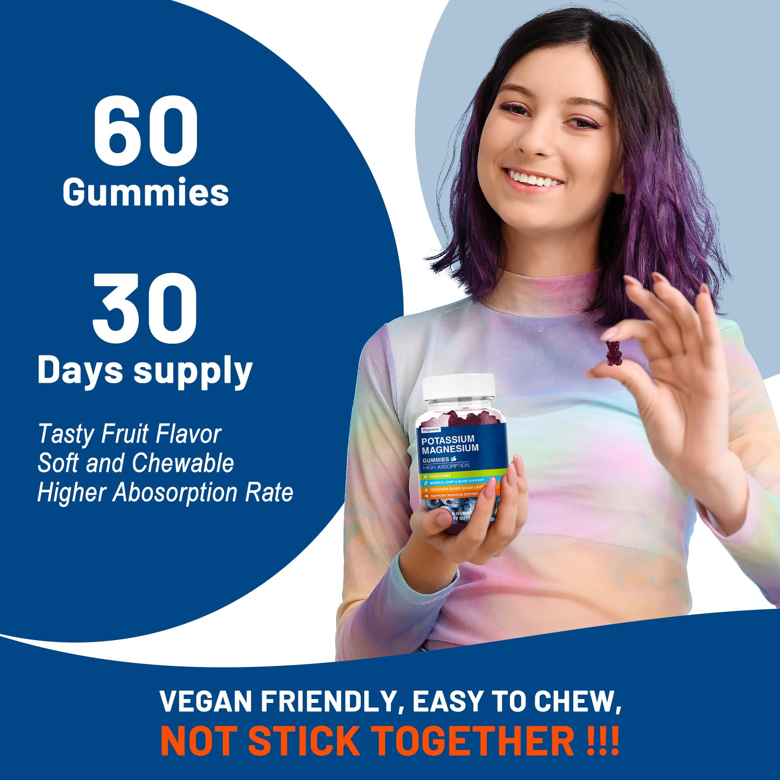 Potassium Magnesium Gummies - Magnesium Glycinate B6,D3 & Potassium Citrate for Leg Cramps,Muscle,Electroyte for Adults Kids,Sugar-Free - 60 Blueberry Gummies — Amazon image 6