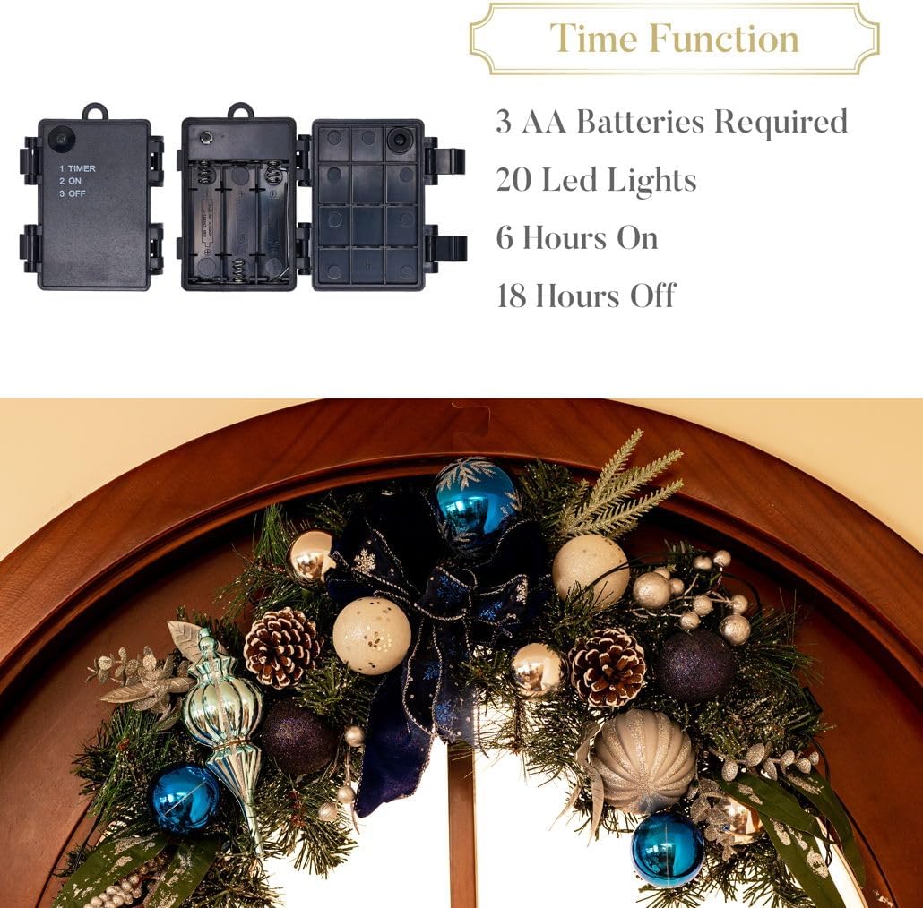 Valery Madelyn Pre-Lit Christmas Swag for Decorating Outdoor, 24 Inch Silver Blue Mailbox Swag Decoration Teardrop with 20 LED Lights, Ball Ornaments for Front Door Stairway Window Shelf Xmas Decor