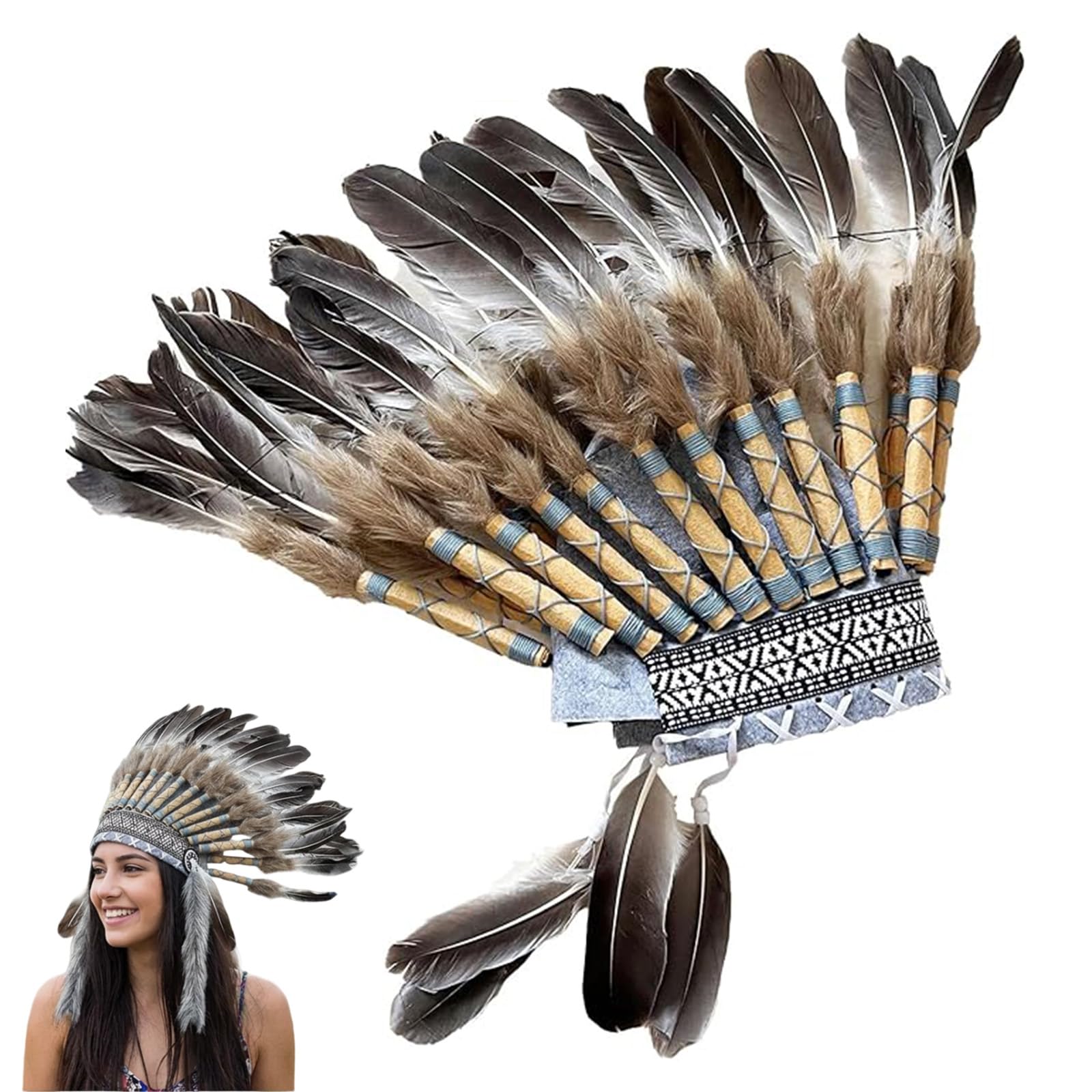 Copricapo indiano unisex per adulti, in stile indiano, con piume, di ispirazione americana, copricapo con piume, per feste, carnevale, accessori fotografici